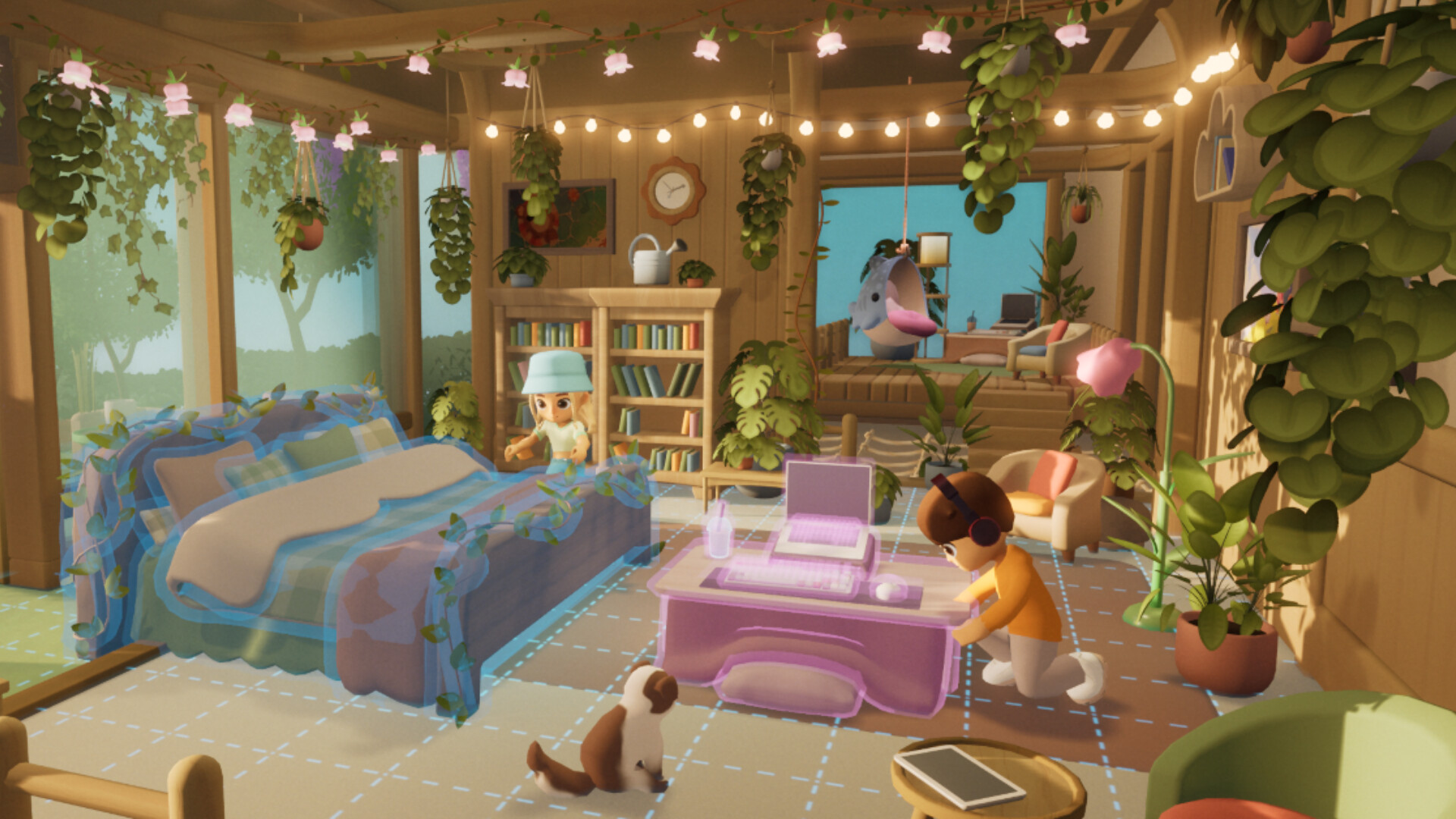 A decorated interior room with string lights and vines